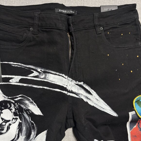 Embellish Mens Black Denim Jeans With Graphic Prints & Embroidery Size 34 - Picture 15 of 16